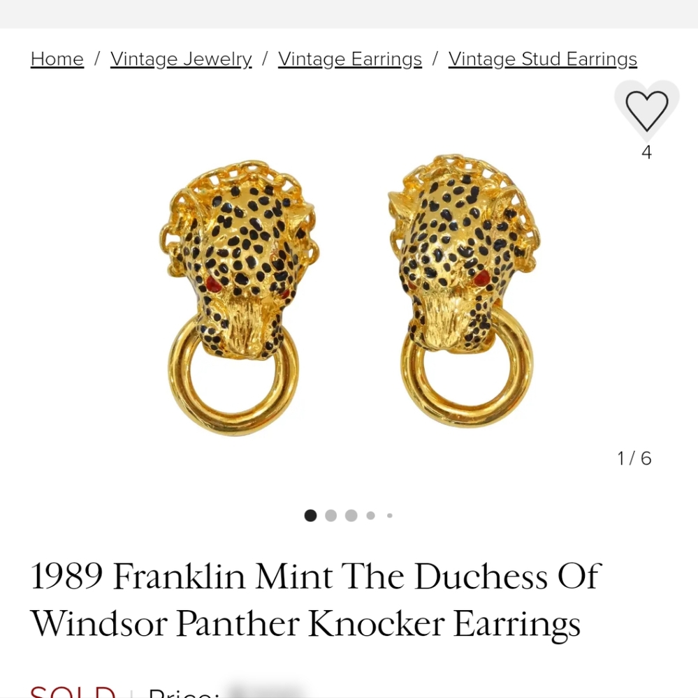 1989 Franklin Mint Duchess of Windsor Panther Knocker Earrings